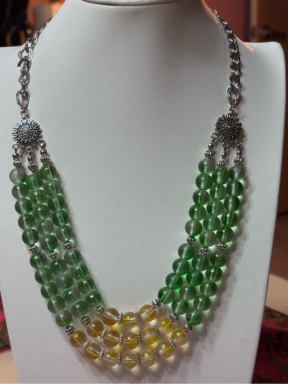 Handmade Green & Yellow Multi-Strand Beaded Necklace 24 inches